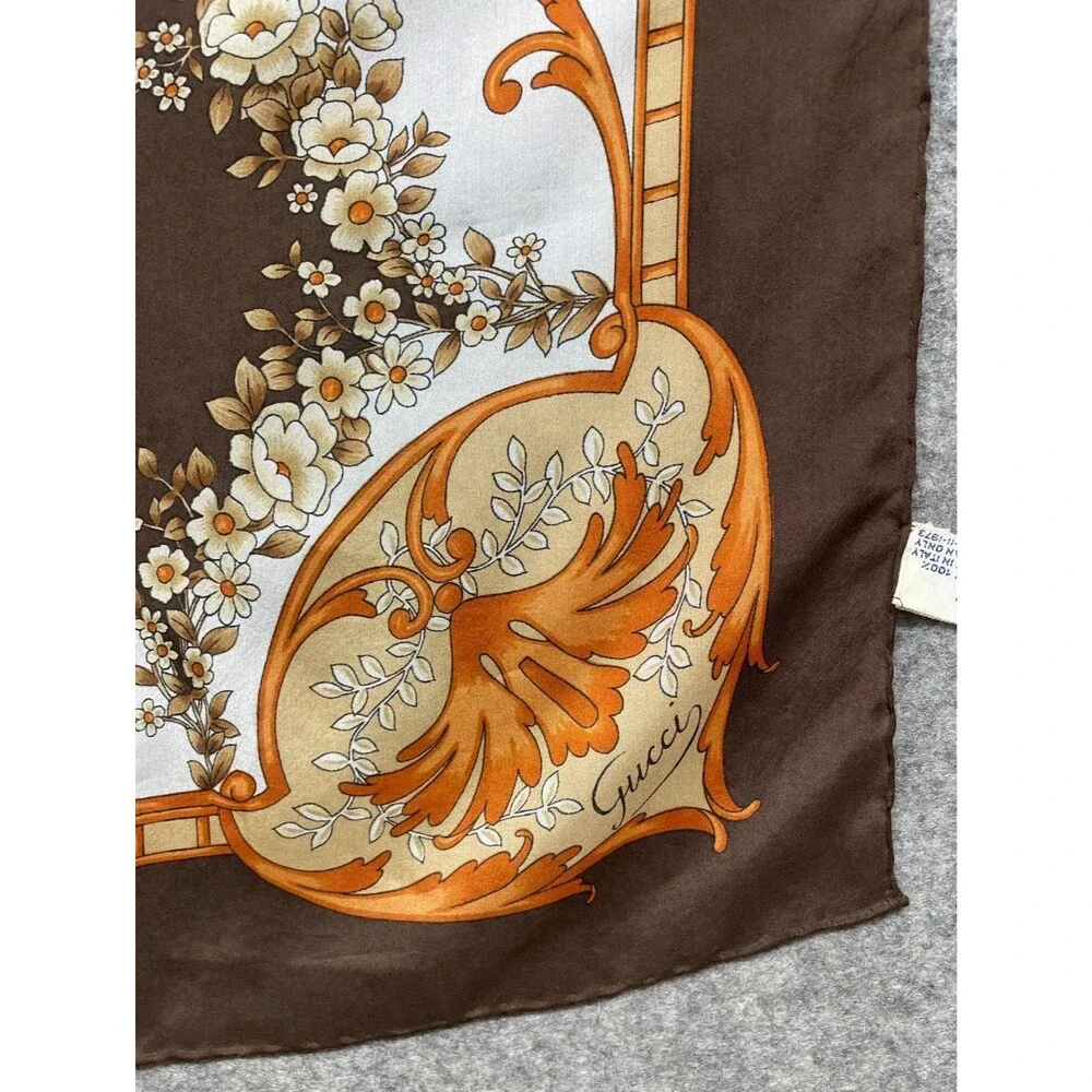 Vintage Gucci Silk Scarf Brown Orange White Floral Logo Hand Rolled Italy 33x33